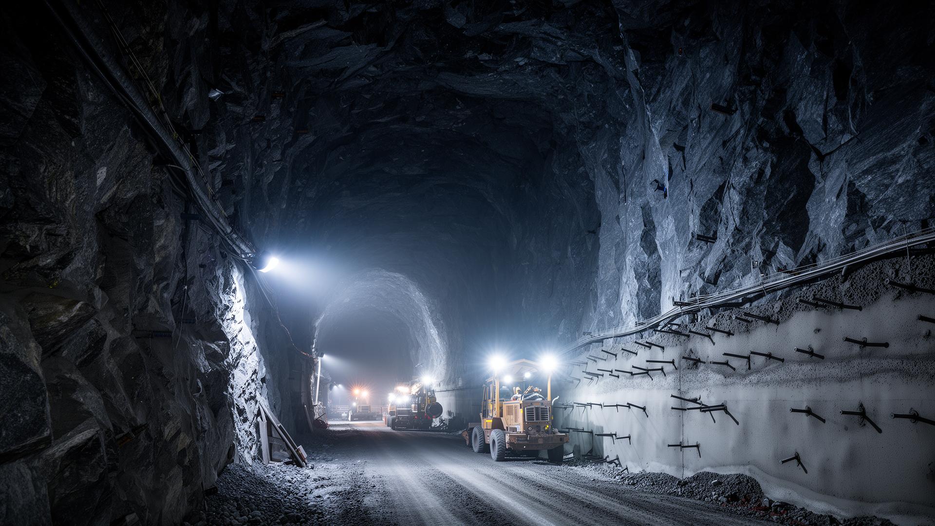 Rock tunnel under construction with shotcrete and rock bolts